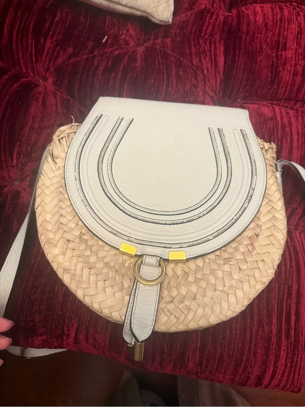 Chloe, beautiful White leather, and Straw Saddle Crossbody Bag with Gold Accent